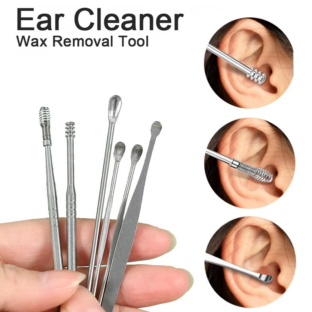 6Pcs/Set Ear Wax Pickers Earpick Wax Remover Stainless Steel Piercing Kit Earwax Curette Spoon Care Ear Clean Toolear Cleaner