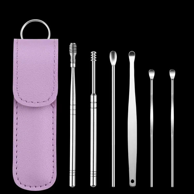6Pcs/Set Ear Wax Pickers Earpick Wax Remover Stainless Steel Piercing Kit Earwax Curette Spoon Care Ear Clean Toolear Cleaner